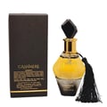Grandeur Cashmere Luxe 100ml by Grandeur — A faceted glass perfume bottle with a black gem-like cap and a black tassel hanging from the neck, against a white background. | Grandeur Cashmere Luxe 100ml by Grandeur — Botol kaca berfaset dengan penutup seperti permata hitam dan juntai hitam tergantung di lehernya
