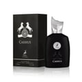 Maison Alhambra Cassius 100ml — Black perfume bottle and box with silver accents and a deer logo, featuring the name 'Cassius' in white. | Maison Alhambra Cassius 100ml — Botol dan kotak minyak wangi hitam dengan aksen perak dan logo rusa, menampilkan nama 'Cassius' dalam warna putih.