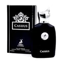 Maison Alhambra Cassius 100ml — Black perfume bottle and box with silver accents and a deer logo, featuring the name 'Cassius' in white. | Maison Alhambra Cassius 100ml — Botol dan kotak minyak wangi hitam dengan aksen perak dan logo rusa, menampilkan nama 'Cassius' dalam warna putih.