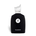 Maison Alhambra Cassius 100ml — Black perfume bottle and box with silver accents and a deer logo, featuring the name 'Cassius' in white. | Maison Alhambra Cassius 100ml — Botol dan kotak minyak wangi hitam dengan aksen perak dan logo rusa, menampilkan nama 'Cassius' dalam warna putih.