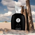Maison Alhambra Cassius 100ml — Black perfume bottle and box with silver accents and a deer logo, featuring the name 'Cassius' in white. | Maison Alhambra Cassius 100ml — Botol dan kotak minyak wangi hitam dengan aksen perak dan logo rusa, menampilkan nama 'Cassius' dalam warna putih.
