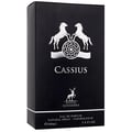 Maison Alhambra Cassius 100ml — Black perfume bottle and box with silver accents and a deer logo, featuring the name 'Cassius' in white. | Maison Alhambra Cassius 100ml — Botol dan kotak minyak wangi hitam dengan aksen perak dan logo rusa, menampilkan nama 'Cassius' dalam warna putih.