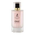 Maison Alhambra Chic Velvet Pink Secret for Women 100ml — A pink cylindrical box stands next to a clear glass perfume bottle with a black cap and gold accents. The box and bottle label feature a deer silhouette and text. | Maison Alhambra Chic Velvet Pink Secret for Women 100ml — Kotak silinder merah jambu berdiri di