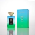 Bujairami Chroma — Blue-green gradient glass perfume bottle with gold cap next to matching gradient box.