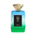 Bujairami Chroma — Blue-green gradient glass perfume bottle with gold cap next to matching gradient box.