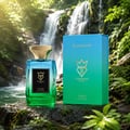 Bujairami Chroma — Blue-green gradient glass perfume bottle with gold cap next to matching gradient box.