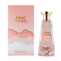 Khadlaj Cloud Candy Eau De Parfum 100ml — A pink perfume box with cloud graphics sits next to a clear glass perfume bottle with cloud-like white accents and a gold cap, both featuring the 'Cloud Candy' logo. | Khadlaj Cloud Candy Eau De Parfum 100ml — Kotak minyak wangi merah jambu dengan grafik awan duduk di sebelah