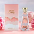 Khadlaj Cloud Candy Eau De Parfum 100ml — A pink perfume box with cloud graphics sits next to a clear glass perfume bottle with cloud-like white accents and a gold cap, both featuring the 'Cloud Candy' logo. | Khadlaj Cloud Candy Eau De Parfum 100ml — Kotak minyak wangi merah jambu dengan grafik awan duduk di sebelah