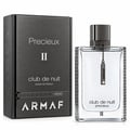 Armaf Club de Nuit Precieux II — Black textured box with silver text and a clear glass perfume bottle with a silver chain and charm.