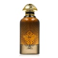 Paris Corner Daar Al Oud Intense 100ml — Black box with gold sunburst and Arabic script next to a glass perfume bottle with gold cap and matching design | Paris Corner Daar Al Oud Intense 100ml — Kotak hitam dengan pancaran matahari emas dan tulisan Arab di sebelah botol minyak wangi kaca dengan penutup emas dan reka