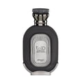 Zimaya Daiman Eclipse Eau De Parfum 100ml — A dark grey perfume bottle with a textured body and a metallic cap stands next to its matching dark grey box with Arabic calligraphy and text. | Zimaya Daiman Eclipse Eau De Parfum 100ml — Botol minyak wangi kelabu gelap dengan badan bertekstur dan penutup logam berdiri