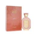 Zimaya Daiman Eden Eau De Parfum 100ml by Zimaya — A pink textured perfume bottle with gold accents stands next to its matching coral-orange textured box with gold marbling. | Zimaya Daiman Eden Eau De Parfum 100ml by Zimaya — Sebotol minyak wangi merah jambu bertekstur dengan perincian emas berdiri di sebelah kotak