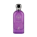 Maison Alhambra Delilah Viola 100ml — A purple glass perfume bottle with a gold cap stands next to its matching purple box, both featuring gold embossed details and a deer logo. | Maison Alhambra Delilah Viola 100ml — Botol kaca ungu berdiri di sebelah kotak ungu sepadan, kedua-duanya menampilkan butiran emas timbul