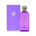 Maison Alhambra Delilah Viola 100ml — A purple glass perfume bottle with a gold cap stands next to its matching purple box, both featuring gold embossed details and a deer logo. | Maison Alhambra Delilah Viola 100ml — Botol kaca ungu berdiri di sebelah kotak ungu sepadan, kedua-duanya menampilkan butiran emas timbul