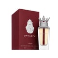 Lattafa Dynasty Lattafa 100ml EDP Unisex — A maroon textured box with a white ornate crest sits next to a clear glass perfume bottle topped with a silver crown-shaped cap with red accents.