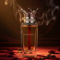 Lattafa Dynasty Lattafa 100ml EDP Unisex — A maroon textured box with a white ornate crest sits next to a clear glass perfume bottle topped with a silver crown-shaped cap with red accents.