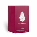 Lattafa Dynasty Lattafa 100ml EDP Unisex — A maroon textured box with a white ornate crest sits next to a clear glass perfume bottle topped with a silver crown-shaped cap with red accents.