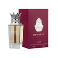 Lattafa Dynasty Lattafa 100ml EDP Unisex — A maroon textured box with a white ornate crest sits next to a clear glass perfume bottle topped with a silver crown-shaped cap with red accents.
