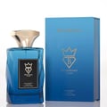 Bujairami Enforcer Eau de Parfum — Blue faceted glass bottle with gold cap next to blue box with gold logo