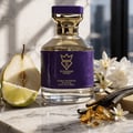 Bujairami Executor by Bujairami 100ml Extrait de Parfum — Purple bottle with gold accents and jeweled cap next to a matching