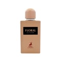 Maison Alhambra Floral Bloom — A beige perfume bottle with a peach cap stands next to its matching beige box, both featuring floral and deer motifs. | Maison Alhambra Floral Bloom — Botol minyak wangi berwarna krim dengan penutup pic berdiri di sebelah kotak sepadan berwarna krim, kedua-duanya menampilkan motif bunga