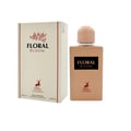 Maison Alhambra Floral Bloom — A beige perfume bottle with a peach cap stands next to its matching beige box, both featuring floral and deer motifs. | Maison Alhambra Floral Bloom — Botol minyak wangi berwarna krim dengan penutup pic berdiri di sebelah kotak sepadan berwarna krim, kedua-duanya menampilkan motif bunga