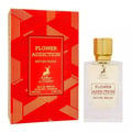 Maison Alhambra Flower Addiction Edition Rouge 100ml — A red and black perfume box stands next to a clear glass perfume bottle with a gold textured cap and a deer logo. | Maison Alhambra Flower Addiction Edition Rouge 100ml — Kotak pewangi merah dan hitam berdiri di sebelah botol pewangi kaca jernih dengan penutup