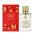 Maison Alhambra Flower Addiction Edition Rouge 100ml — A red and black perfume box stands next to a clear glass perfume bottle with a gold textured cap and a deer logo. | Maison Alhambra Flower Addiction Edition Rouge 100ml — Kotak pewangi merah dan hitam berdiri di sebelah botol pewangi kaca jernih dengan penutup