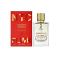 Maison Alhambra Flower Addiction Edition Rouge 100ml — A red and black perfume box stands next to a clear glass perfume bottle with a gold textured cap and a deer logo. | Maison Alhambra Flower Addiction Edition Rouge 100ml — Kotak pewangi merah dan hitam berdiri di sebelah botol pewangi kaca jernih dengan penutup
