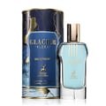 Maison Alhambra Glacier Flora 100ml Maison Alhambra — A blue perfume bottle with a gold cap and vertical gold lines on the glass, stands next to its matching cylindrical blue and gold patterned box on a white background. | Maison Alhambra Glacier Flora 100ml Maison Alhambra — Botol minyak wangi biru dengan penutup
