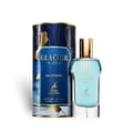 Maison Alhambra Glacier Flora 100ml Maison Alhambra — A blue perfume bottle with a gold cap and vertical gold lines on the glass, stands next to its matching cylindrical blue and gold patterned box on a white background. | Maison Alhambra Glacier Flora 100ml Maison Alhambra — Botol minyak wangi biru dengan penutup