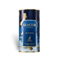 Maison Alhambra Glacier Flora 100ml Maison Alhambra — A blue perfume bottle with a gold cap and vertical gold lines on the glass, stands next to its matching cylindrical blue and gold patterned box on a white background. | Maison Alhambra Glacier Flora 100ml Maison Alhambra — Botol minyak wangi biru dengan penutup