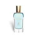 Maison Alhambra Glacier Flora 100ml Maison Alhambra — A blue perfume bottle with a gold cap and vertical gold lines on the glass, stands next to its matching cylindrical blue and gold patterned box on a white background. | Maison Alhambra Glacier Flora 100ml Maison Alhambra — Botol minyak wangi biru dengan penutup