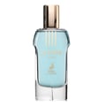 Maison Alhambra Glacier Flora 100ml Maison Alhambra — A blue perfume bottle with a gold cap and vertical gold lines on the glass, stands next to its matching cylindrical blue and gold patterned box on a white background. | Maison Alhambra Glacier Flora 100ml Maison Alhambra — Botol minyak wangi biru dengan penutup