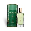 Maison Alhambra Glacier Heaven 100ml — Green floral patterned cylindrical box and a clear glass perfume bottle with green liquid and gold cap, set against a white background. | Maison Alhambra Glacier Heaven 100ml — Kotak silinder hijau bermotif bunga dan botol minyak wangi kaca jernih dengan cecair hijau dan penutup