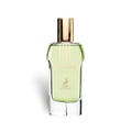 Maison Alhambra Glacier Heaven 100ml — Green floral patterned cylindrical box and a clear glass perfume bottle with green liquid and gold cap, set against a white background. | Maison Alhambra Glacier Heaven 100ml — Kotak silinder hijau bermotif bunga dan botol minyak wangi kaca jernih dengan cecair hijau dan penutup