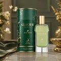 Maison Alhambra Glacier Heaven 100ml — Green floral patterned cylindrical box and a clear glass perfume bottle with green liquid and gold cap, set against a white background. | Maison Alhambra Glacier Heaven 100ml — Kotak silinder hijau bermotif bunga dan botol minyak wangi kaca jernih dengan cecair hijau dan penutup