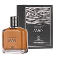 Grandeur Statement Man Eau De Parfum 100ml — A clear glass perfume bottle with amber liquid, a silver ribbed cap, and black text reading 'STATEMENT MAN' and a logo | Grandeur Statement Man Eau De Parfum 100ml — Botol minyak wangi kaca jernih dengan cecair berwarna ambar, penutup perak berjalur, dan teks hitam bertulis