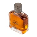 Grandeur Statement Man Eau De Parfum 100ml — A clear glass perfume bottle with amber liquid, a silver ribbed cap, and black text reading 'STATEMENT MAN' and a logo | Grandeur Statement Man Eau De Parfum 100ml — Botol minyak wangi kaca jernih dengan cecair berwarna ambar, penutup perak berjalur, dan teks hitam bertulis