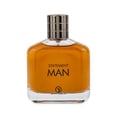 Grandeur Statement Man Eau De Parfum 100ml — A clear glass perfume bottle with amber liquid, a silver ribbed cap, and black text reading 'STATEMENT MAN' and a logo | Grandeur Statement Man Eau De Parfum 100ml — Botol minyak wangi kaca jernih dengan cecair berwarna ambar, penutup perak berjalur, dan teks hitam bertulis
