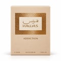 RASASI Hawas Addiction by Rasasi 100ml EDP — Gold bottle and matching box with textured gold panel and Arabic calligraphy.