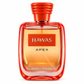 Kenz de Rasasi Hawas Apex — Botol minyak wangi oren bersama sarung bertekstur oren dengan lambang perak, di latar belakang putih.