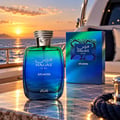 RASASI Hawas Atlantis by Rasasi 100ml EDP — Blue and green gradient box with snake skin pattern next to a matching gradient glass perfume bottle with a textured silver cap