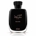 RASASI Hawas Black For Him by Rasasi 100ml EDP — Black glass perfume bottle with textured black cap next to a black box featuring a rose gold snakeskin pattern and the brand logo