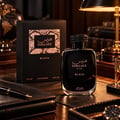 RASASI Hawas Black For Him by Rasasi 100ml EDP — Black glass perfume bottle with textured black cap next to a black box featuring a rose gold snakeskin pattern and the brand logo