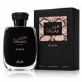 RASASI Hawas Black For Him by Rasasi 100ml EDP — Black glass perfume bottle with textured black cap next to a black box featuring a rose gold snakeskin pattern and the brand logo
