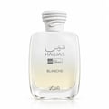 RASASI Hawas Blanche by Rasasi 100ml EDP — White rope-tied cap perfume bottle next to its silver textured box, both featuring the Hawas Blanche logo and text.
