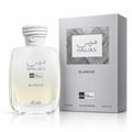 RASASI Hawas Blanche by Rasasi 100ml EDP — White rope-tied cap perfume bottle next to its silver textured box, both featuring the Hawas Blanche logo and text.