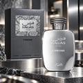 RASASI Hawas Chrome For Him by Rasasi 100ml EDP — Silver bottle and grey textured box with snake skin pattern detail, both displaying the product name and 'For Him' text.