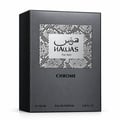 RASASI Hawas Chrome For Him by Rasasi 100ml EDP — Silver bottle and grey textured box with snake skin pattern detail, both displaying the product name and 'For Him' text.